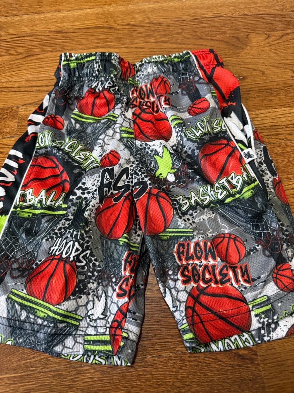 Boys Basketball Graphic Athletic Shorts in Red, Black & Neon Green